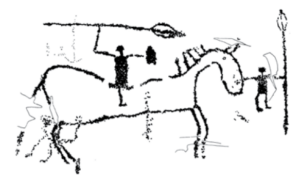 Raffigurazione di un guerriero in groppa al cavallo, condotto da uno "scudiero" a piedi