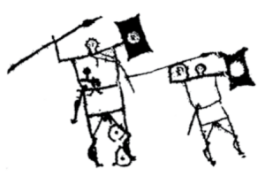 Depiction of warriors, carrying the so-called "ox leather" shields
