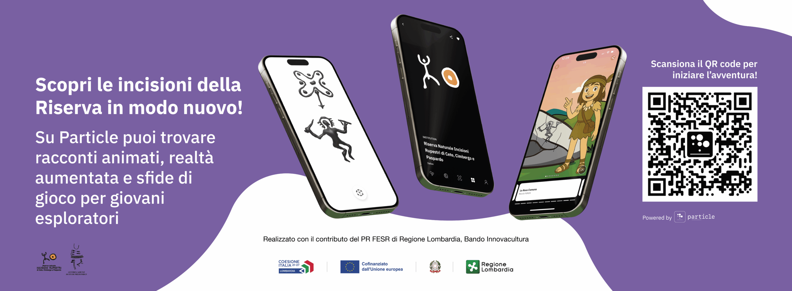 Scopri le incisioni della riserva in modo nuovo! Su Particle puoi trovare racconti animati, realtà aumentata e sfide di gioco per i giovani esploratori. Scansiona il codice QR per iniziare l'avventura! – QR code scansionabile.